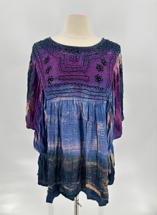 Greater Good Tops - Greater Good Blouse Womens Large/XL Blue Purple Bohemian Beaded Sequins Tie Dye